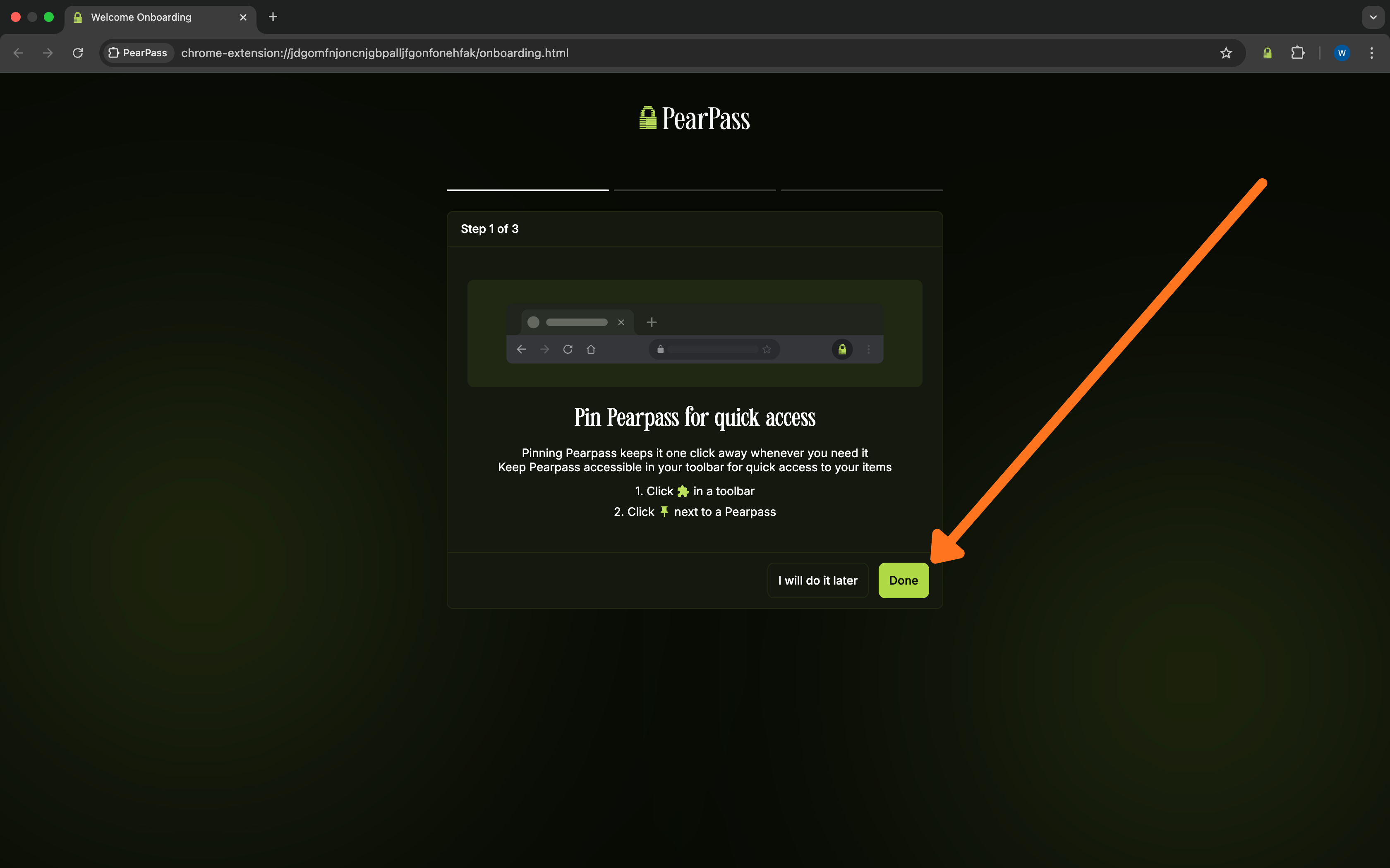 Onscreen instructions to pin PearPass to the browser toolbar